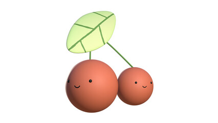 3D cute cherry fruit with 1 leaf character 3 images each images different view made with nomad sculpt