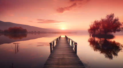 dreamy scene of a sunset over a calm lake in shades of pi three generative AI - obrazy, fototapety, plakaty