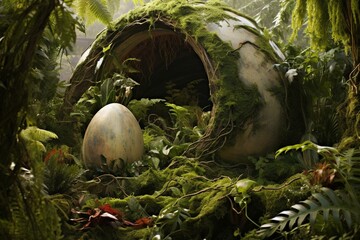 Dinosaur egg-filled habitats within lush greenery. Generative AI