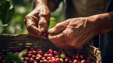 Close-up zoom on old farmer hands harvesting fresh coffee beans from the plant in sunny day. 
