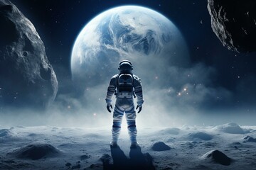 An astronaut in a futuristic suit stands and moves on the moon. Generative AI