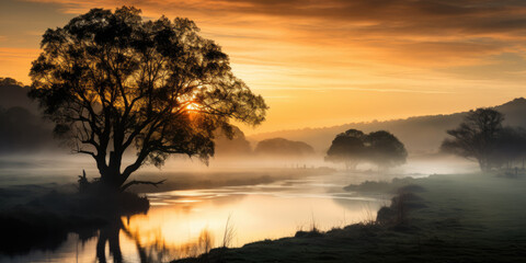 sunset over the river. silhouette of a large tree near a foggy lake. rural sunset. orange sky.