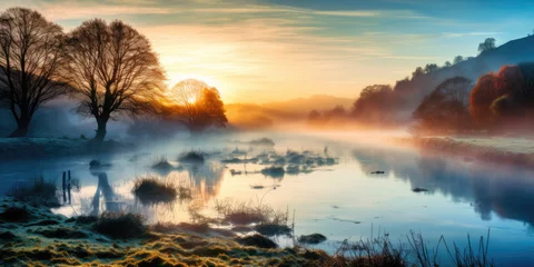 Poster sunrise over lake. fog over a sunrise swamp. sky reflecting on a small rural creek. fog over pond. © ana