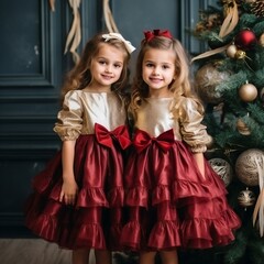 Cute little blonde girls in red christmas dresses standing