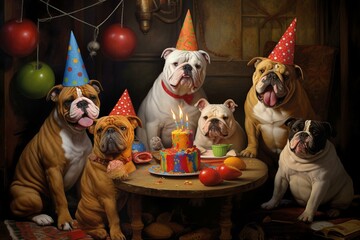 A birthday party for the popular bulldog surrounded by close companions. Generative AI