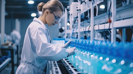 Scientist workers checking the quality of water bottles on the machine conveyor line at the industrial factory. Female worker recording data at the beverages manufacturing line production.