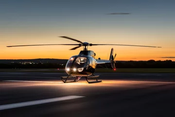 Outdoor kussens Luxury luxurious business helicopter private heli chopper on landing pad fast transportation success journey rich wealth corporate flight fly flying sky ground horizon sun clouds landing style stylish © Yuliia