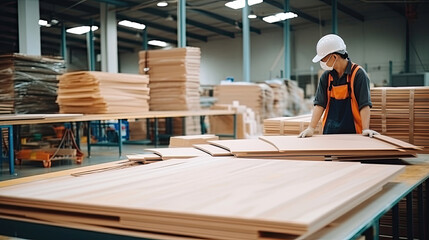 Staff working in wood furniture industry factory checking inventory of plywood wooden board type material in stock wood store warehouse. - obrazy, fototapety, plakaty