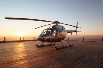 Fototapeten Luxury luxurious business helicopter private heli chopper on landing pad fast transportation success journey rich wealth corporate flight fly flying sky ground horizon sun clouds landing style stylish © Yuliia