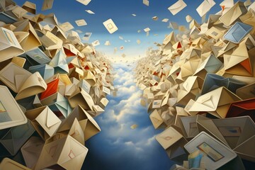 Envelopes racing towards viewer, symbolizing overloaded mail and inbox zero, propelled by technology. Generative AI - obrazy, fototapety, plakaty