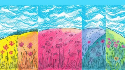 Child's Hand-Drawn Wax Crayon Meadow with Grass Hills, Blue Sky, and Flowers Set.  Vibrant Spring and Summer Kids' Painting on Pastel Chalk Background Banner