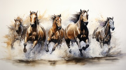 watercolor painting of running horses - obrazy, fototapety, plakaty