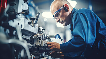 Workers wearing safety goggles control lathe machines to drill components. Metal lathe industrial manufacturing factory