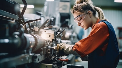 Workers wearing safety goggles control lathe machines to drill components. Metal lathe industrial manufacturing factory - Powered by Adobe