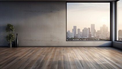 Empty room with wooden floor and concrete wall and cityscape