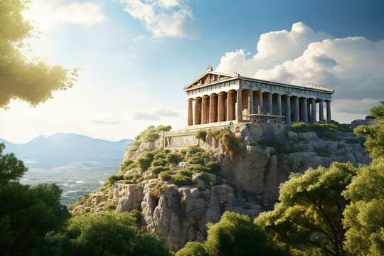 Ancient Greek temple atop Athens hill. Generative AI