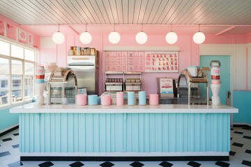 retro 1950s ice cream shop in America featuring soft pink and blue hues. Generative AI