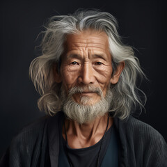 Obraz premium Intriguing Close-Up of an Elderly Asian Man with Grizzled Beard & Gray Hair - Embodying Dignity, Wisdom, Individuality, Culture & Asian Heritage. Generative AI.