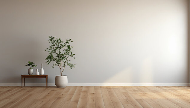 Interior of modern living room with wooden floor and plants