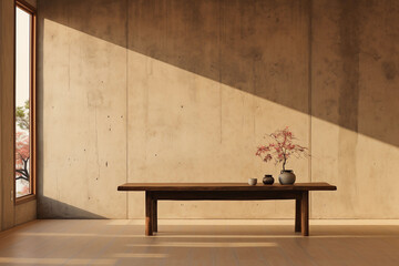 Living room with wooden shelf with vase of flowers on beige wall background