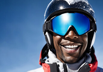 portrait of young black skier with goggles and helmet