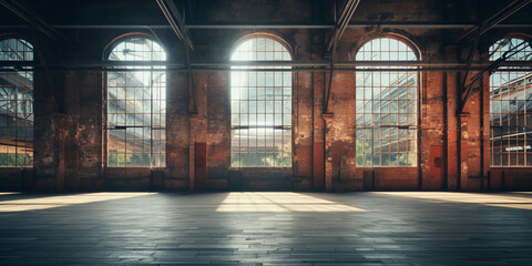 Empty large factory building with large windows sunrays - obrazy, fototapety, plakaty