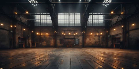 Fotobehang Empty large and old factory building with large windows and sunrays © AdibaZR