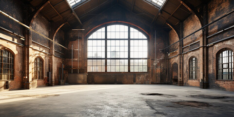 Fototapeta na wymiar Empty large and old factory building with large windows and sunrays
