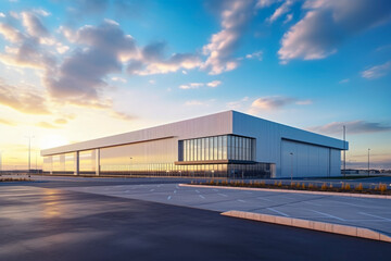 Fototapeta na wymiar Logistics management modern warehouse and parking in background or beautiful sky and senset lighting. Management concept for logistics and online shops.