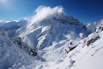 Fototapeta na wymiar Caution: ascending treacherous peak prone to avalanches. Generative AI