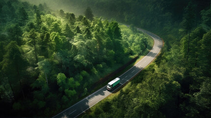 Aerial View of a container car crossing the road around a pine forest.