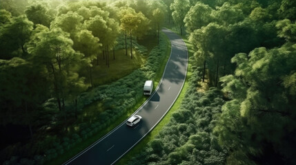 Aerial View of a container car crossing the road around a pine forest.