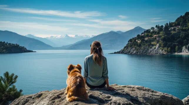 Photo of backpacker woman with her dog from the back view