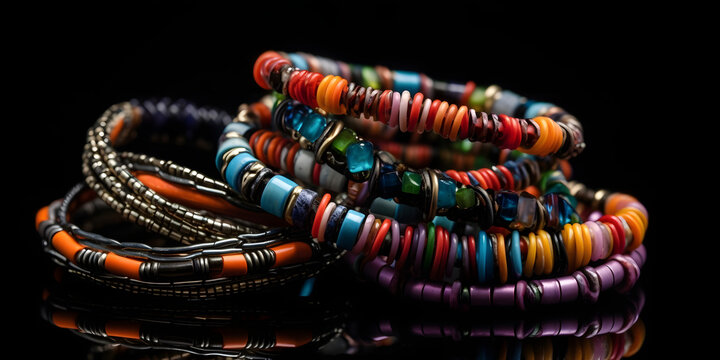 Fashion series of colorful bracelets and bangles on a bla generative AI