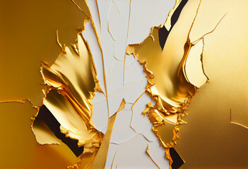 Abstract gold painting with gold paint and white, in the style of color splash, smokey background,...