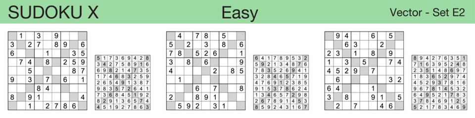 A set of 3 easy scalable sudoku X puzzles suitable for kids, adults and seniors and ready for web use, or to be compiled into a standard or large print activity book.