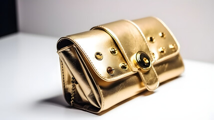 Fashion stylish leather purse with golden accents on a wh generative AI