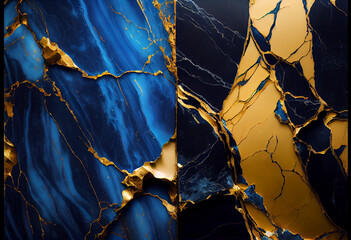 Blue and gold marble stone pattern background, backdrop. Generative AI