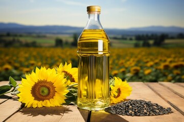A plastic bottle of sunflower oil on a wooden table with a sunflower field backdrop