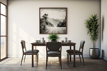 A furnished dining area with table, chairs, wall pictures, plant, potted plant, and a chair. Generative AI