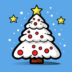 clipart design illustration of a tree covered in snow and stars on top on a blue background