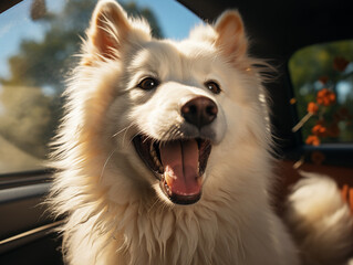 Happy fluffy white dog inside a car interior
