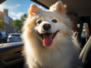 Happy fluffy white dog inside a car interior
