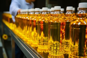 Efficient factory process filling bottles with high quality refined sunflower seed oil