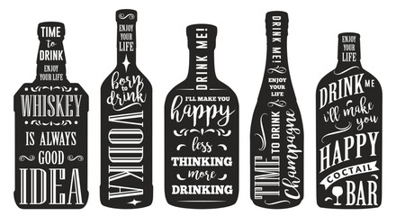 Alcoholic bottles set elements monochrome © DGIM studio