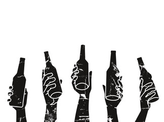 Silhouettes of people holding drinks. Grunge illustration. Vector background. Can be yused as wall art, poster, element of cover, card, banner or other design.