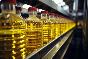 Factory conveyor line with close up of sunflower and vegetable oil bottle production - obrazy, fototapety, plakaty