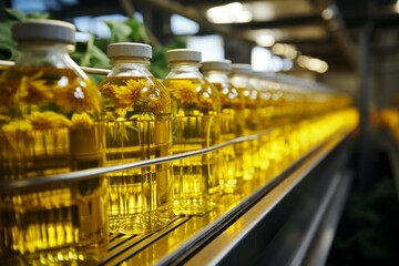 Factory conveyor line with close up of sunflower and vegetable oil bottle production