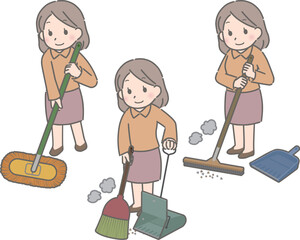 掃き掃除をする若い女性（私服）