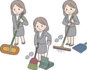 掃き掃除をする若い女性（スーツ）